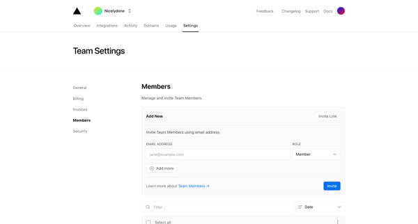 Members - Team Settings – Dashboard – Vercel screen
