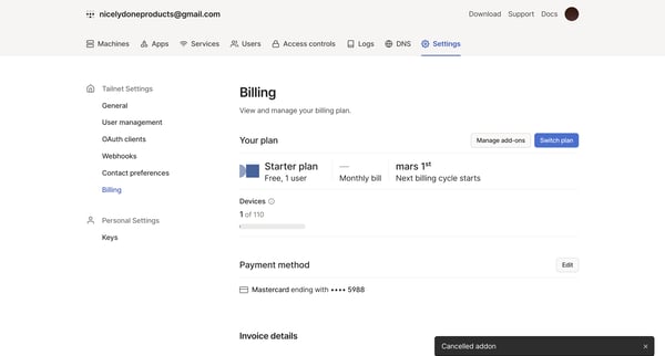 Billing - Tailscale screen