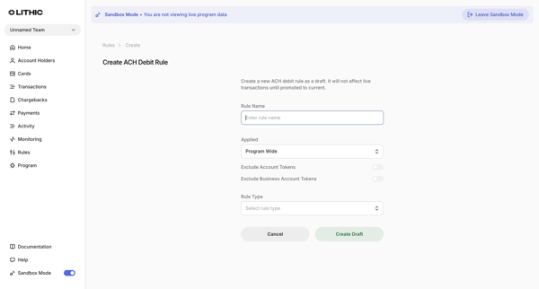 Lithic - Create ACH Debit Rule screen