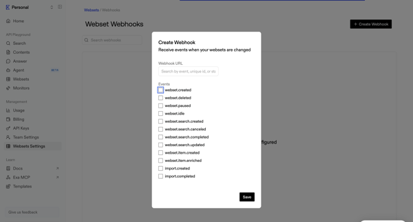 Webset Webhooks screen