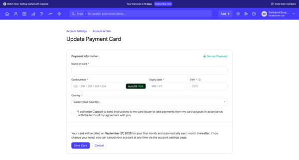 Update Payment Card | Nicelydone club CRM screen