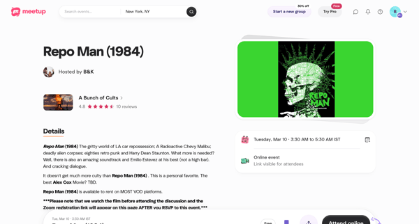 Repo Man (1984), Mon, Mar 9, 2026, 6:00 PM | Meetup screen
