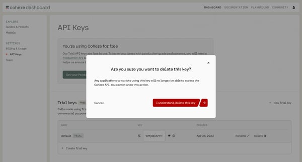 API Keys | Cohere screen