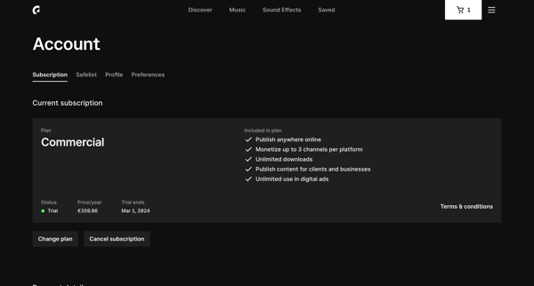 Manage account | Epidemic Sound screen