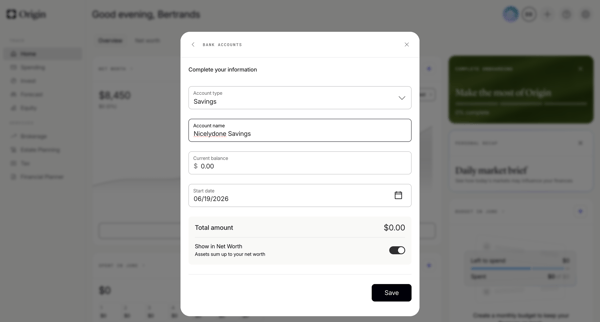Origin Financial screen