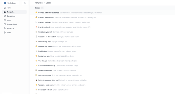 Loop Templates screen