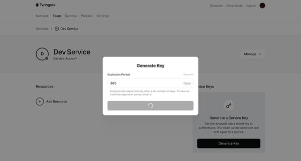Dev Service | Twingate Admin screen