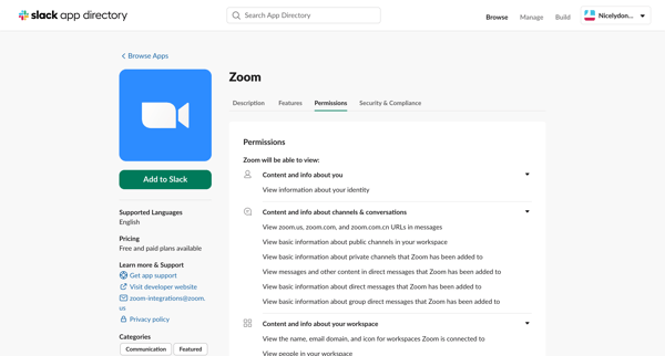 Zoom | Slack App Directory screen