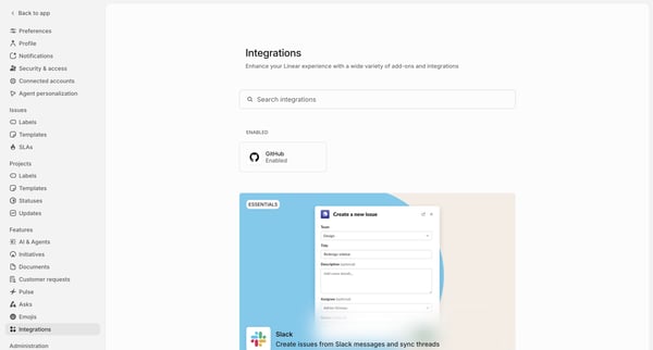 Integrations screen