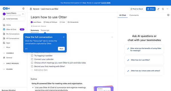 Learn how to use Otter - Otter.ai screen