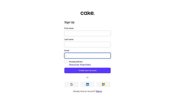 Sign up | Cake Equity screen
