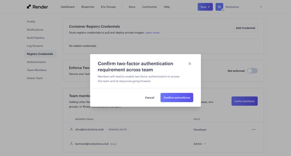 Team Settings ・ Render Dashboard screen