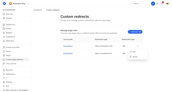 Dashboard - Custom redirects from Hashnode