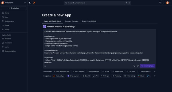 Create a new App - Replit screen