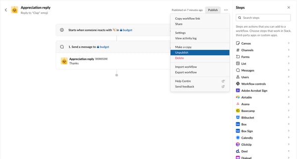 Appreciation reply | Workflow Builder Nicelydoneclub - Slack screen
