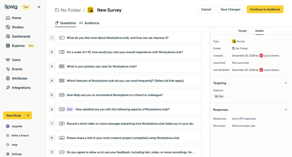 Edit New Survey screen
