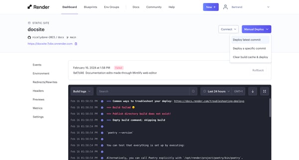 docsite ・ Static Site ・ Render Dashboard screen