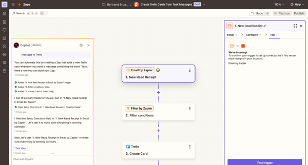Create Trello Cards from Task Messages | Zapier screen
