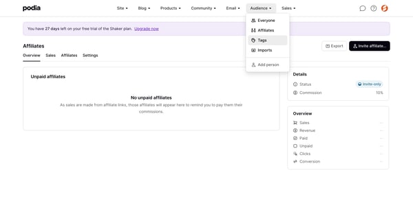 Podia Affiliates screen