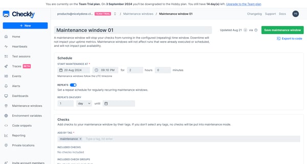 Maintenance windows | edit screen