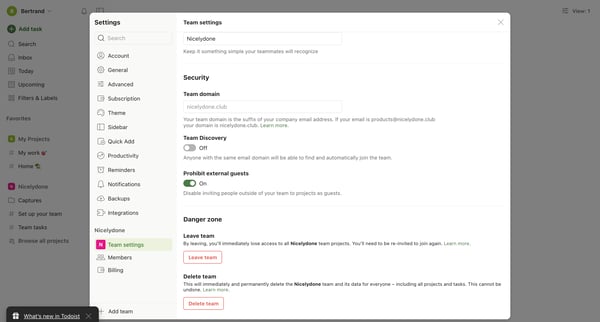 Team settings – Settings – Todoist from Todoist