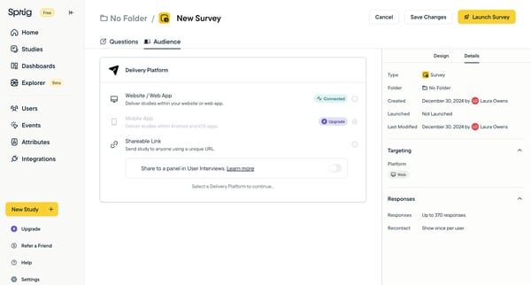 Edit New Survey Audience screen