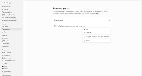 Issue templates screen