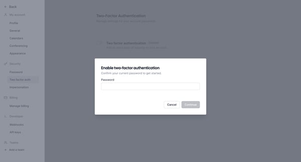Two-Factor Authentication | Cal.com screen