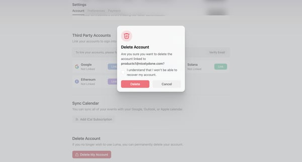 Account Settings · Luma screen