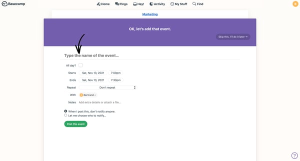 Create a new event screen