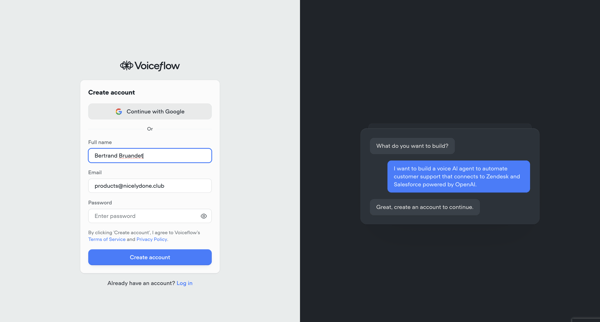 Voiceflow | Sign up for a new Account screen