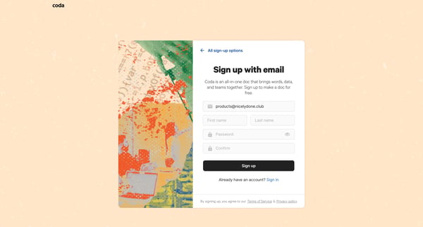 Coda | Sign up with email screen