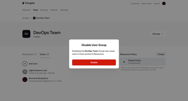 DevOps Team | Twingate Admin screen