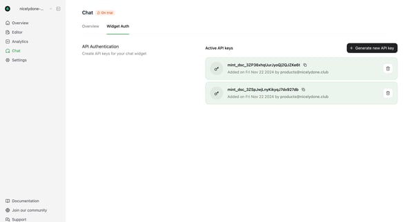 Widget Auth - Mintlify screen