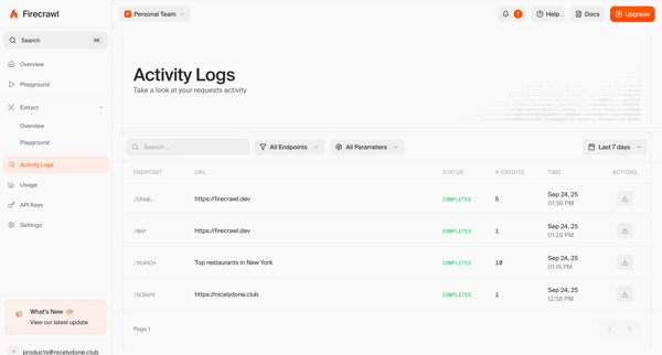 Logs | Firecrawl screen