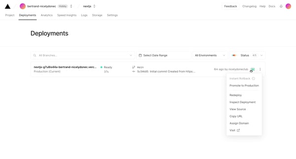 nextjs – Deployments - Vercel screen