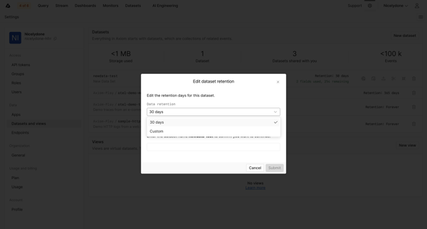 Datasets and Views - Settings - Axiom screen