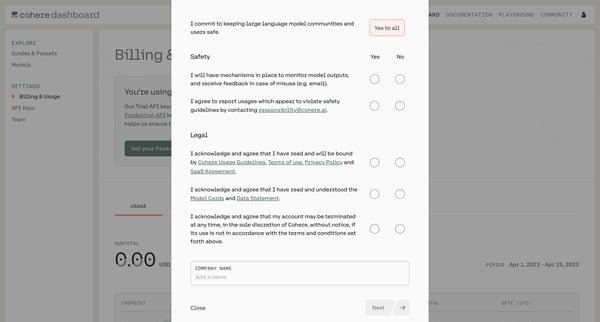 Billing | Usage Cohere screen