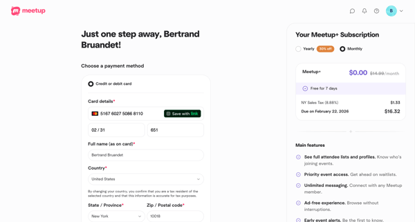 Meetup Plus Checkout screen
