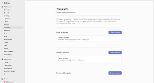 Templates screen