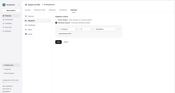 Feature › Export to CSV › Feature Settings › Adoption screen