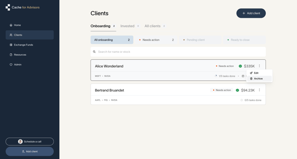 Cache – Client dashboard | Cache for Advisors screen