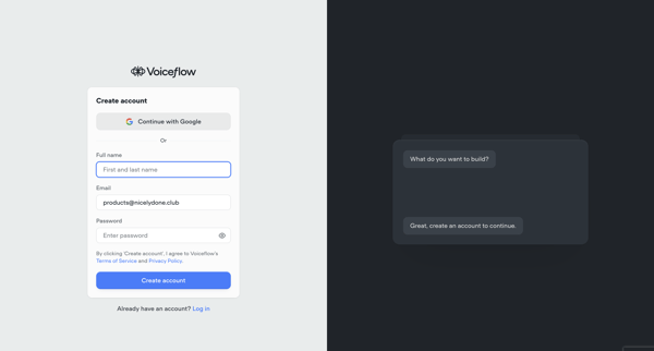 Voiceflow | Sign up for a new Account screen