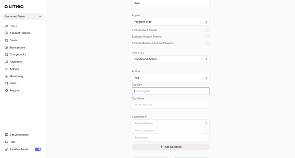 Lithic - Create Monitoring Rule screen