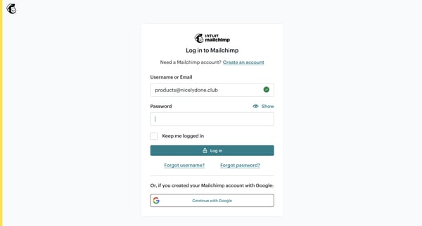 Login | Mailchimp screen