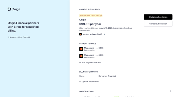 Origin Financial Billing screen