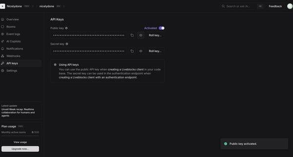 nicelydone (Development) | nicelydone (Development) | API Keys screen