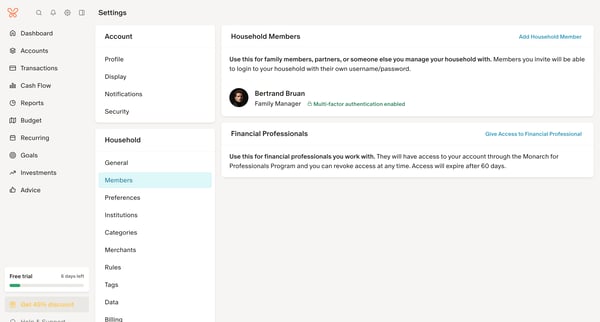 Member Settings screen