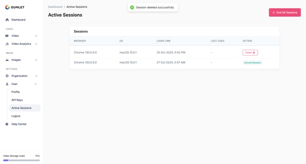 User Session - Gumlet screen