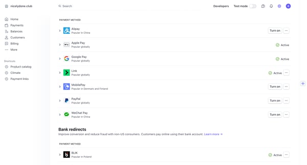 Payment methods – nicelydone.club – Stripe screen